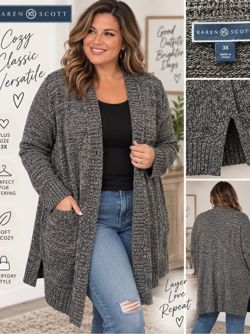 Karen Scott 3X Gray Marled Long Open Front Cardigan Sweater Plus Size